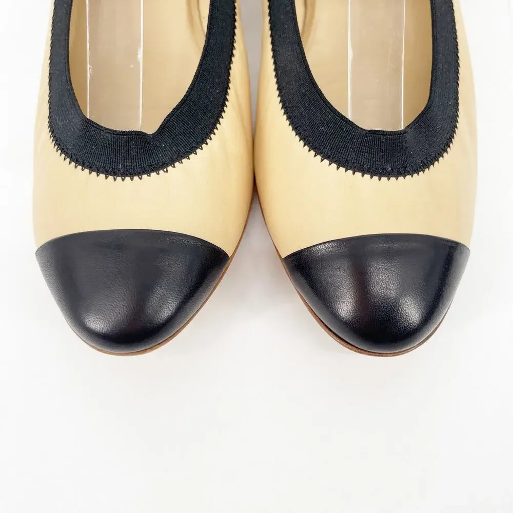 Chanel Retro y2k Beige & Black CC Cap Toe Leather Mary Jane Strap Heels EU 38.5